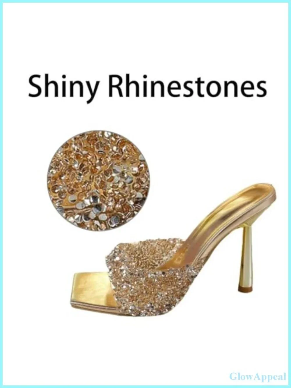 Women's Rhinestone Stiletto Mules Heels Slip-On Square Open Toe Crystal Sandals